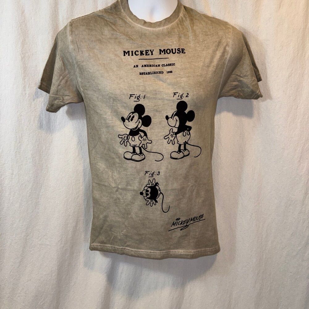 Brand New Disney Mickey Mouse Graphic Tan T Shirt Size Small Garment Dyed